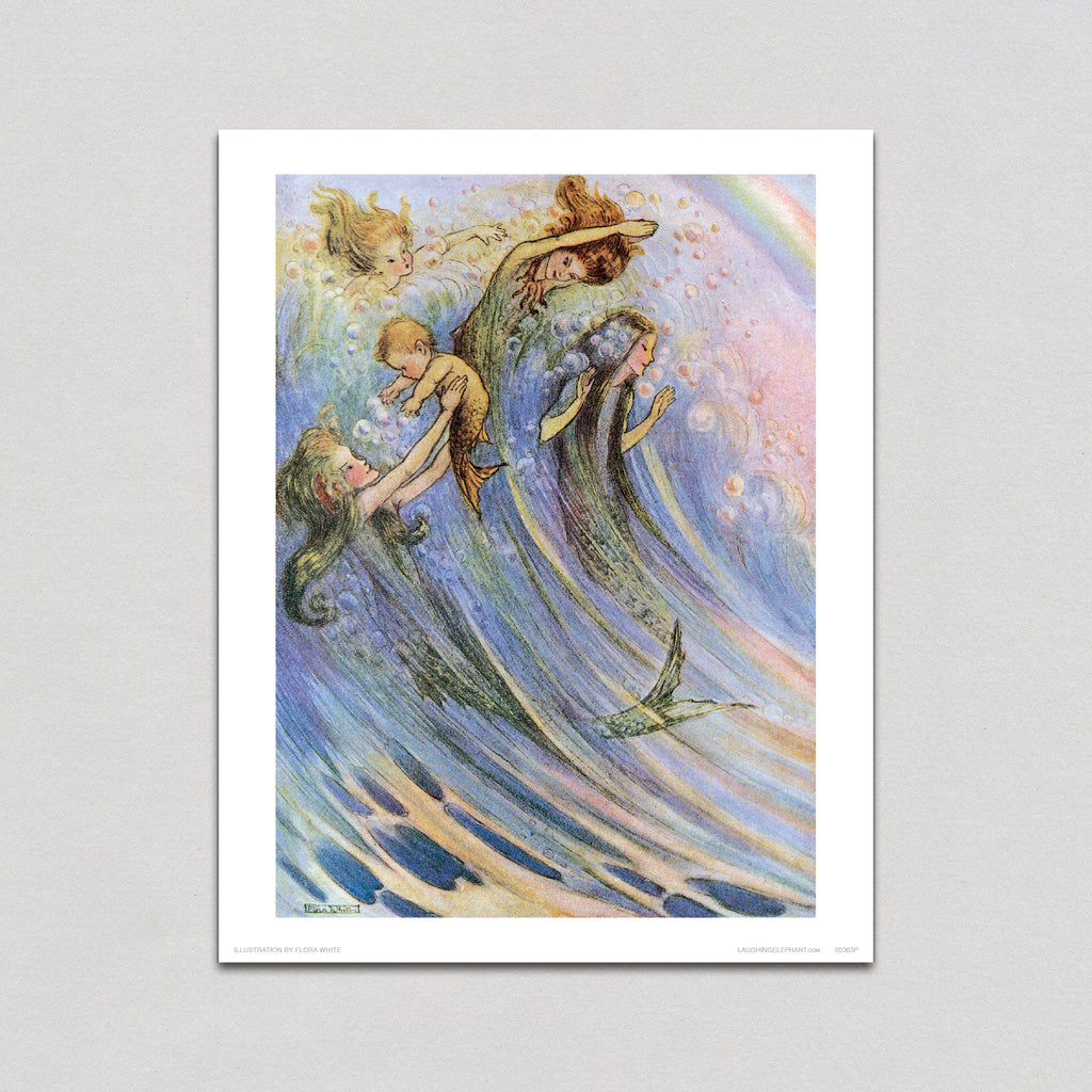 Mermaids Swimming w/ Baby - Mermaids Art Print