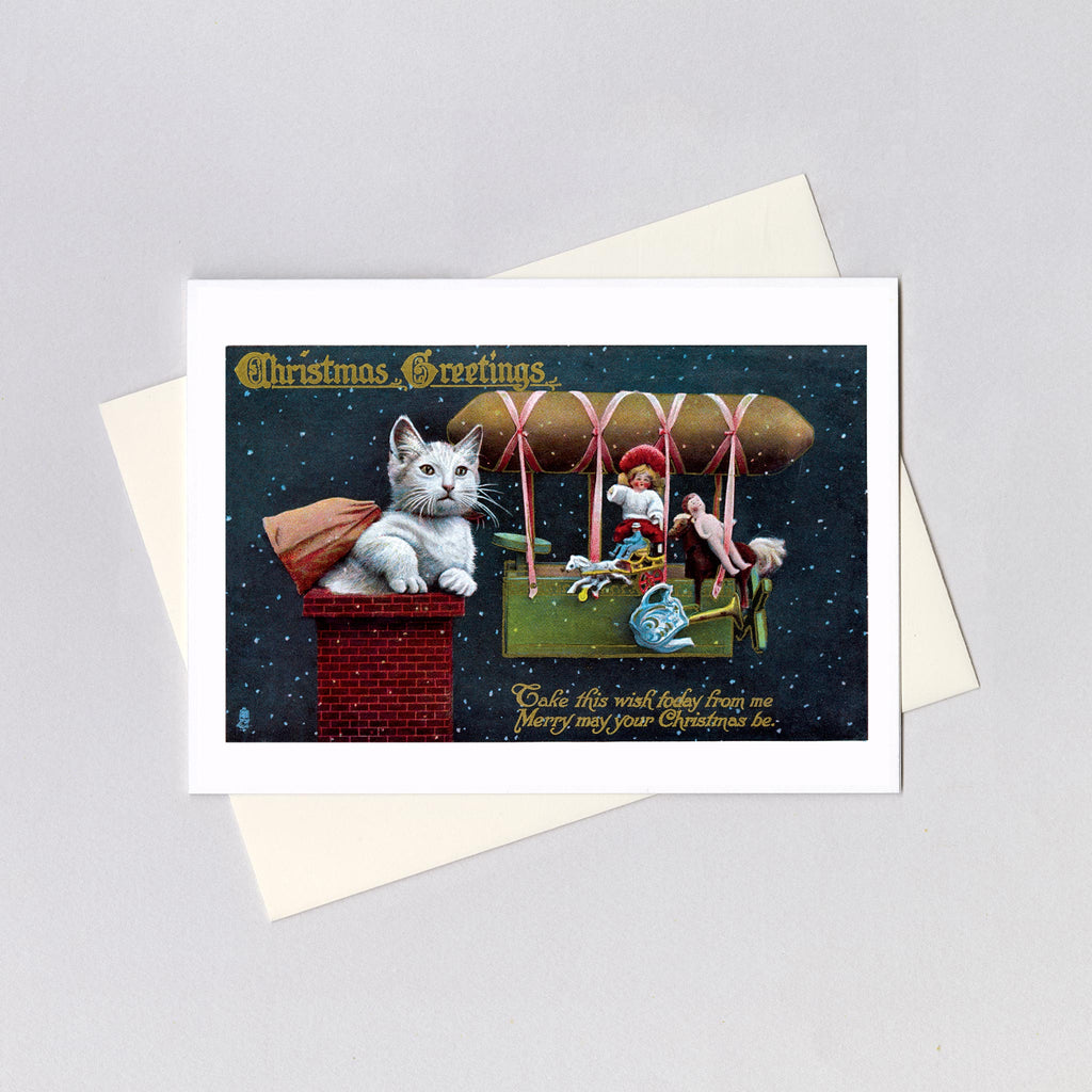 Santa Cat and an Airship - Christmas Greeting Card