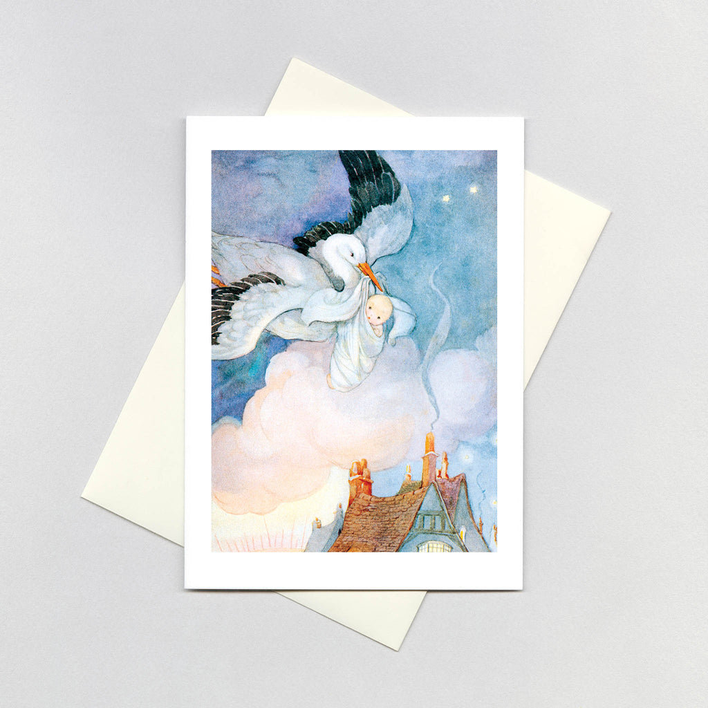 Stork Carrying Baby - Baby Greeting Card