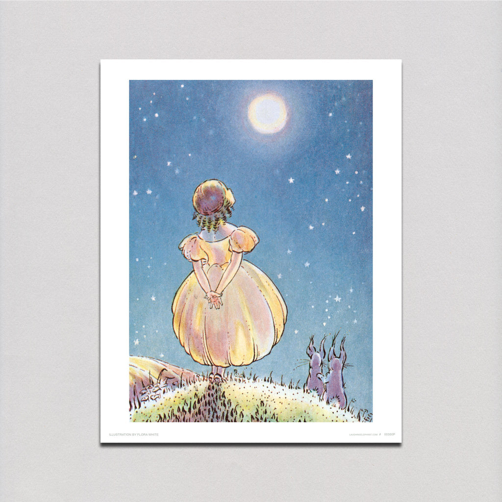 A Girl, Rabbits and Full Moon - Children Art Print