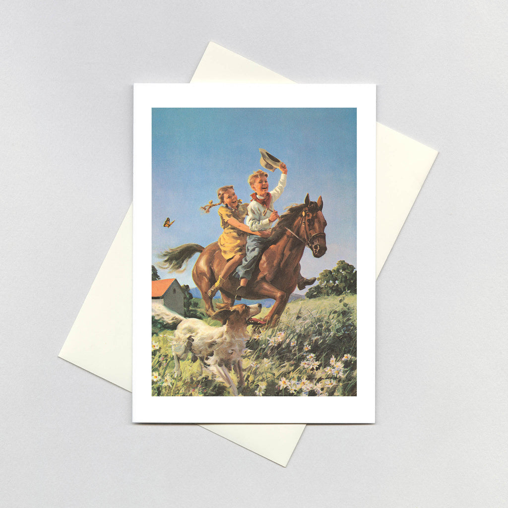 A Boy and A Girl Riding a Horse - Birthday Greeting Card