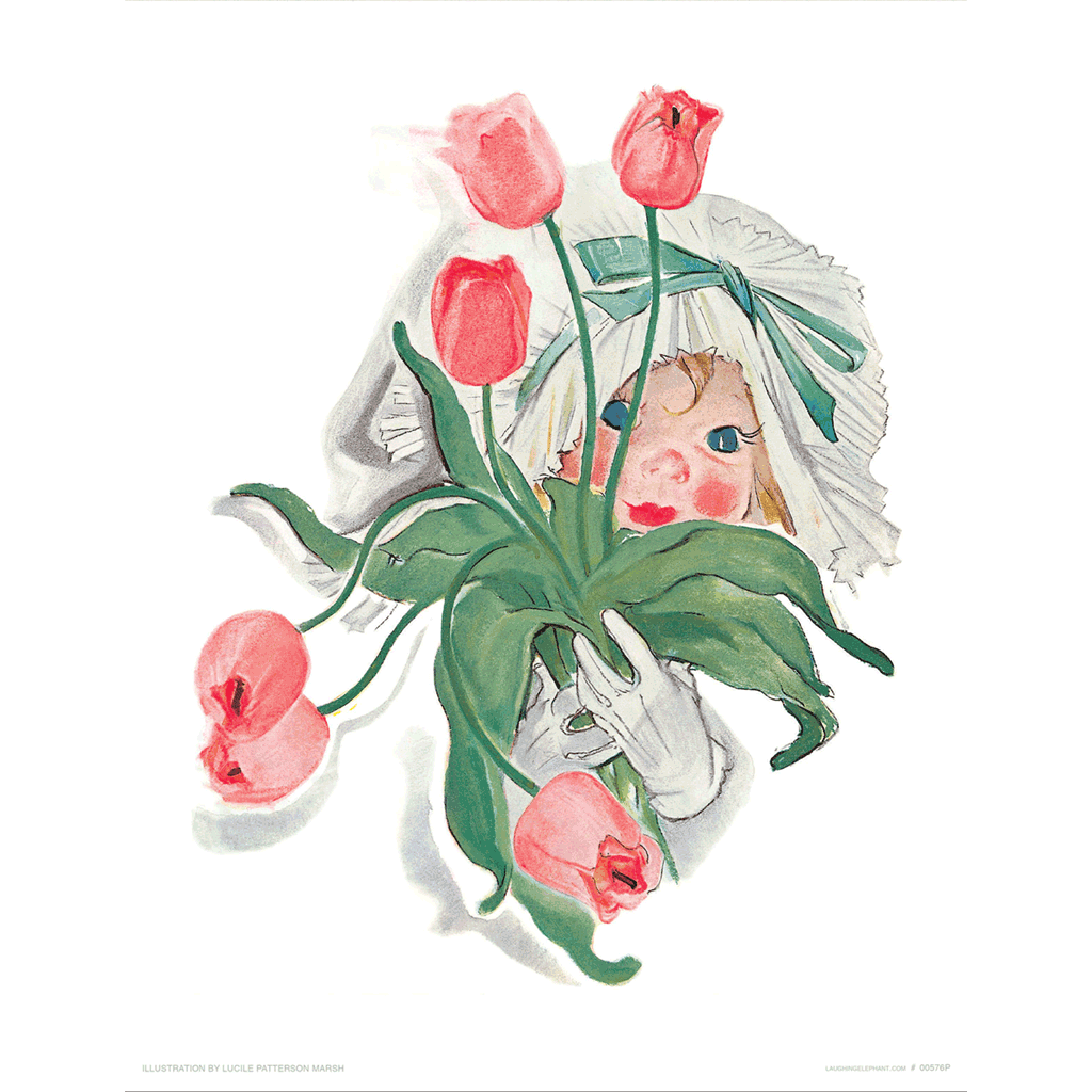 Child With Pink Tulips - Children Art Print