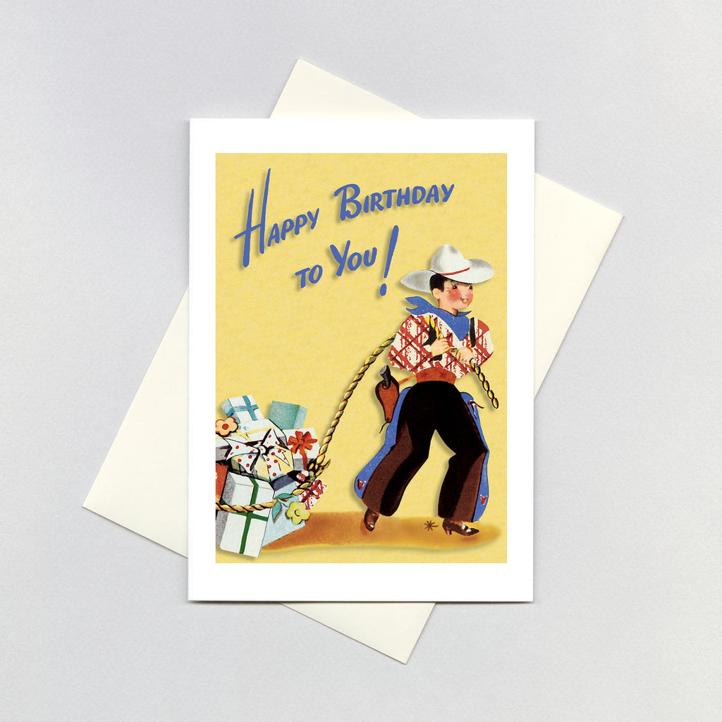 A Little Cowboy Lassos Some Gifts - Birthday Greeting Card