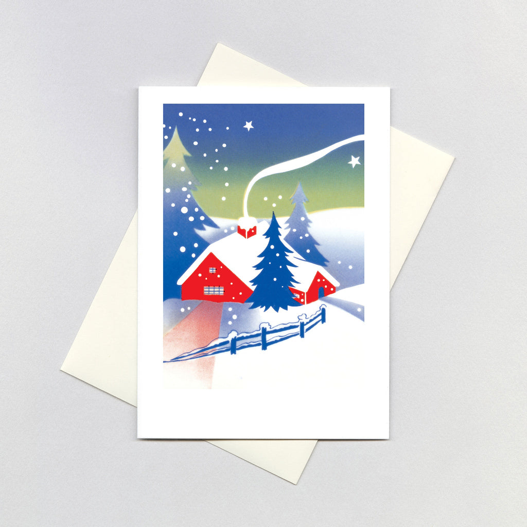 A Red Cabin In The Snow - Christmas Greeting Card