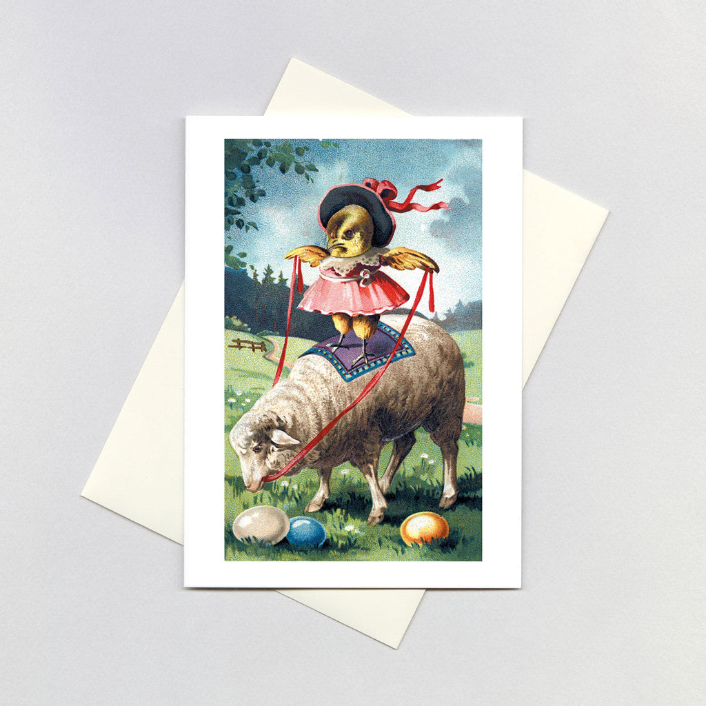 Chick Ridiing Sheep - Easter Greeting Card