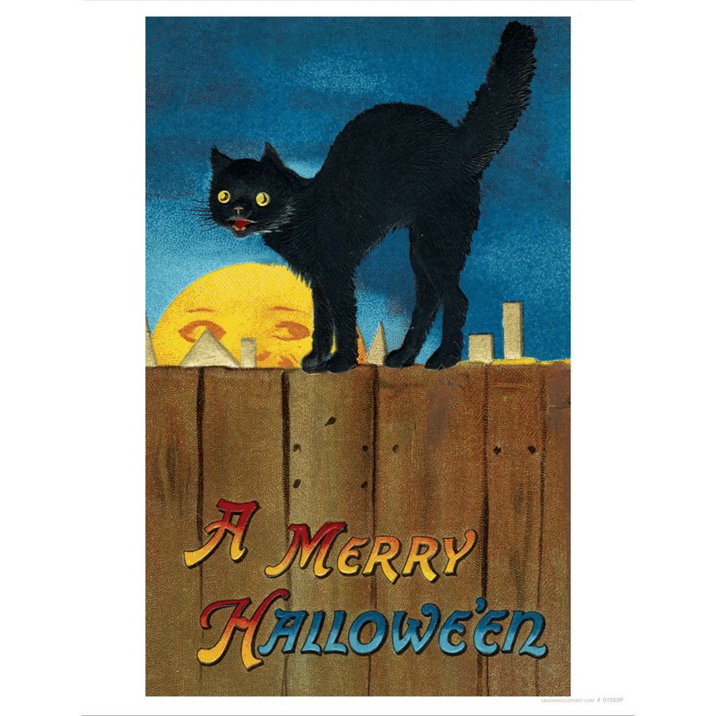 Black Cat on a Fence - Halloween Art Print