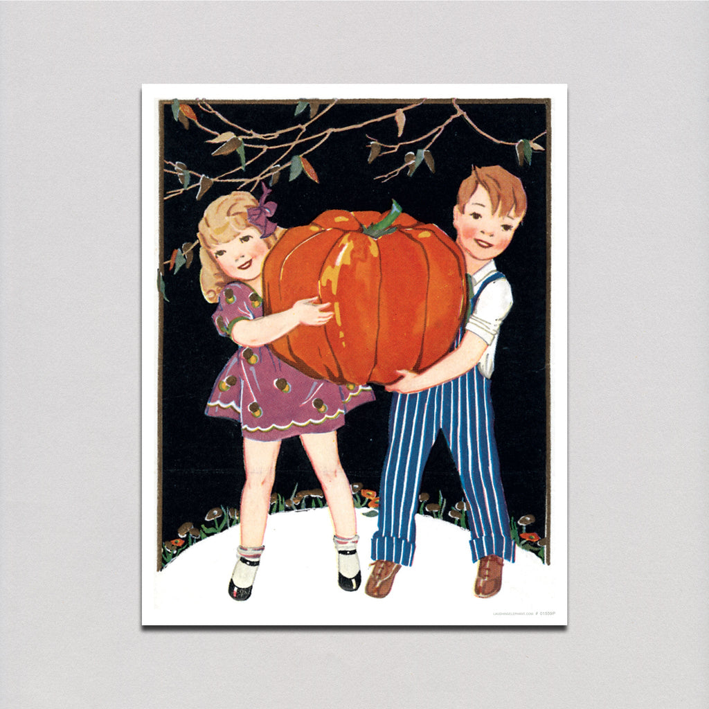 Children & Giant Pumpkin - Halloween Art Print