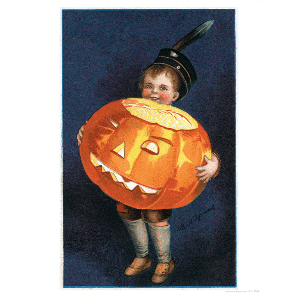 Boy Holding Big Pumpkin - Halloween Art Print