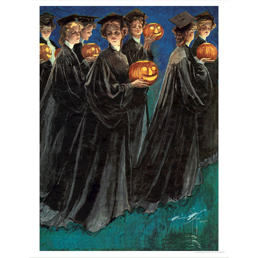Graduating Girls w/ Jack-O-Lanterns - Halloween Art Print