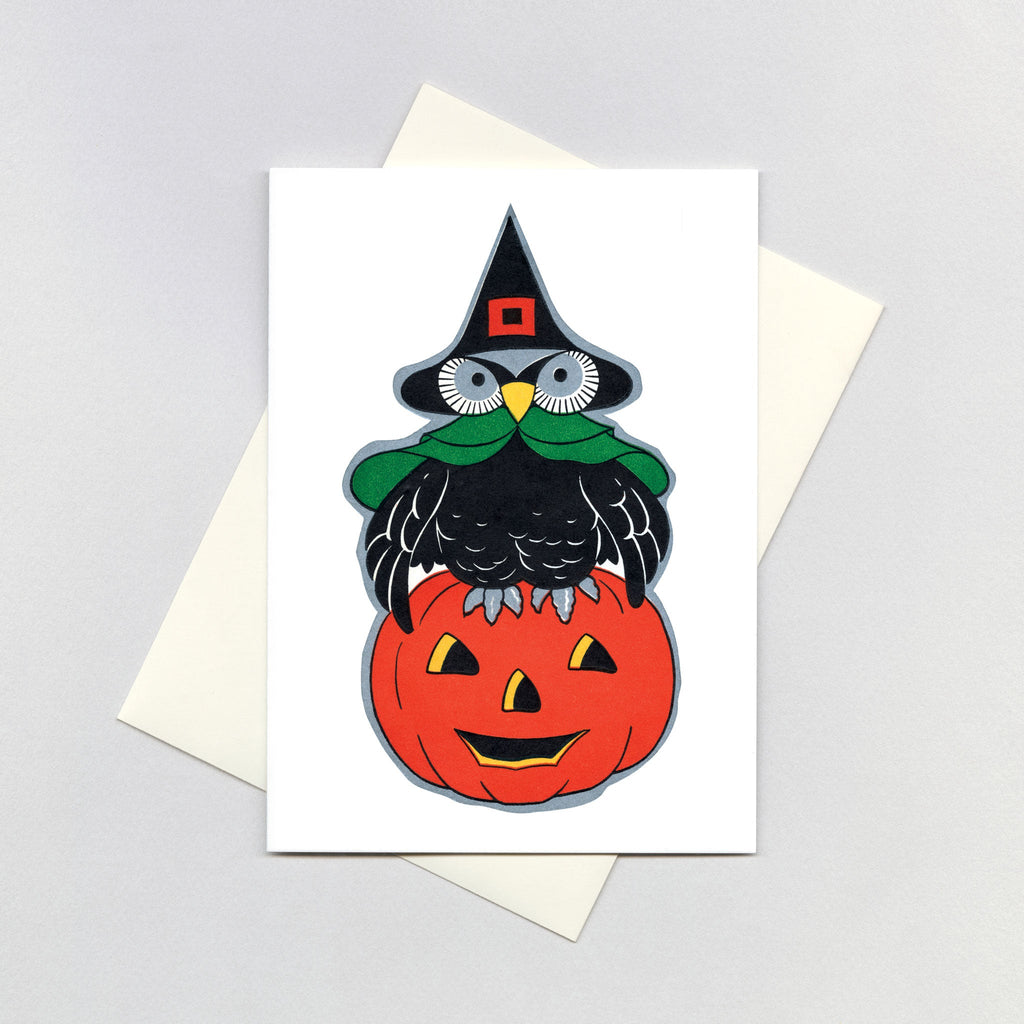 Owl Sitting on a Jack-o-Lantern - Halloween Greeting Card
