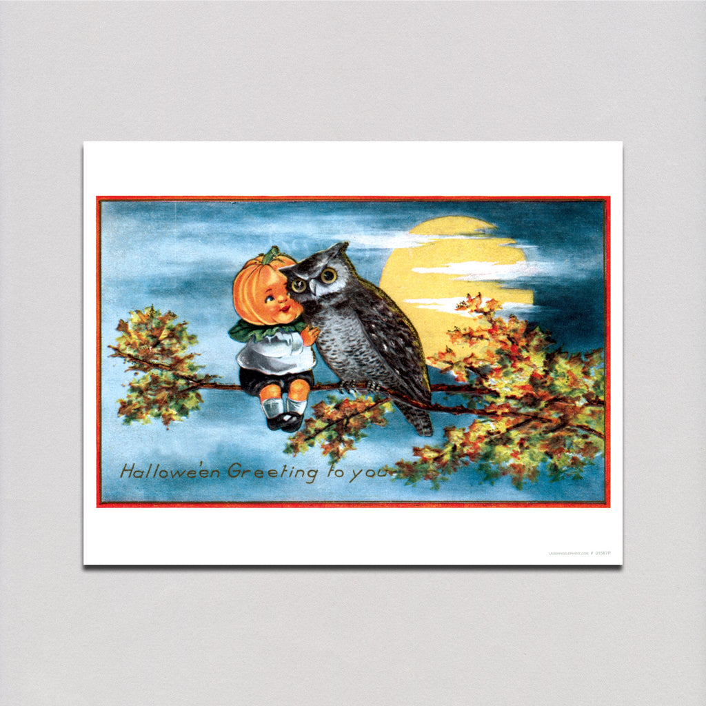 Owl and Pumpkin Girl - Halloween Art Print