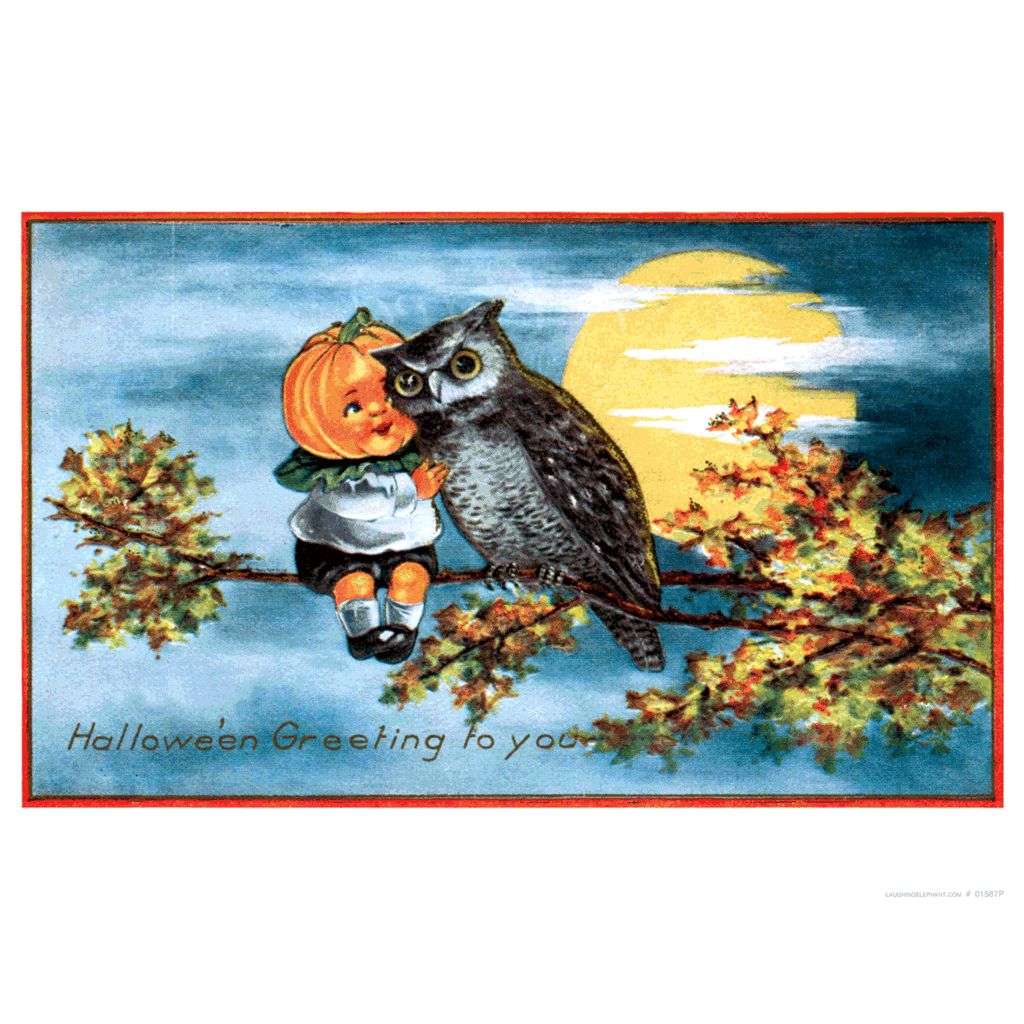 Owl and Pumpkin Girl - Halloween Art Print