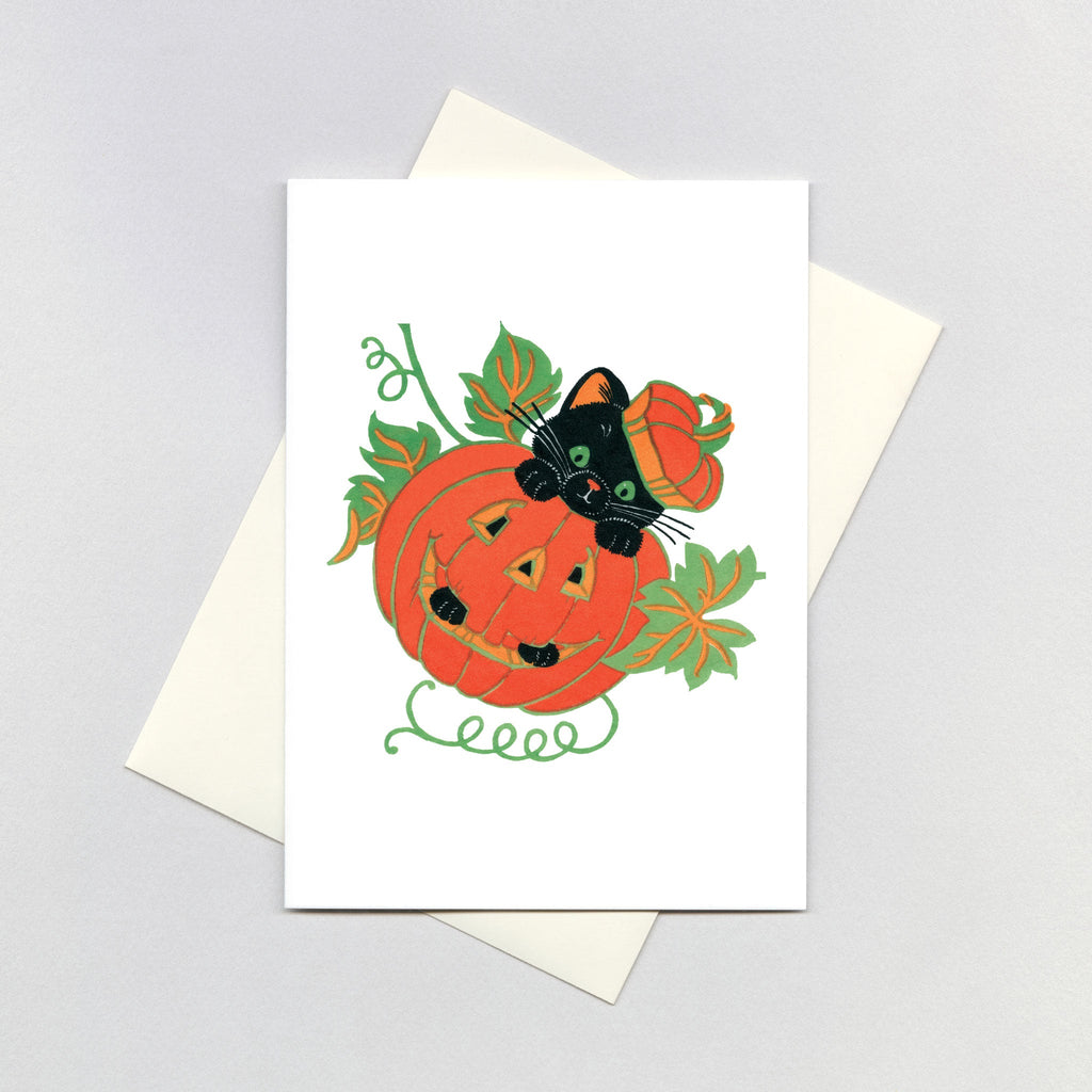 Cute Black Kitten in a Jack-o-Lantern - Halloween Greeting Card