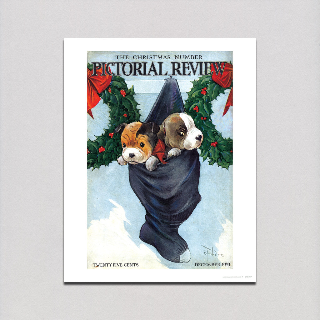 Puppies in a Christmas Stocking - Christmas Art Print