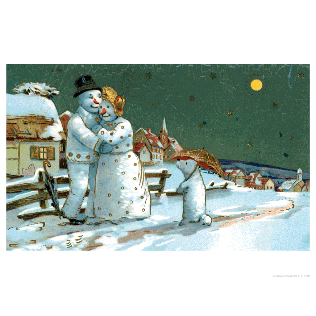 Snow Family on a Winter Night - Christmas Art Print