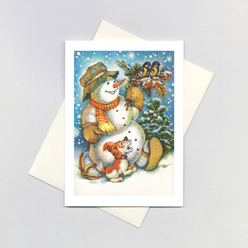 Snowman with Birds and a Dog - Christmas Greeting Card