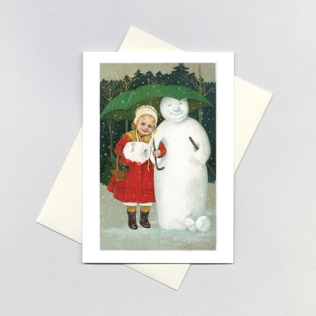 Girl With Snowman and Umbrella - Christmas Greeting Card
