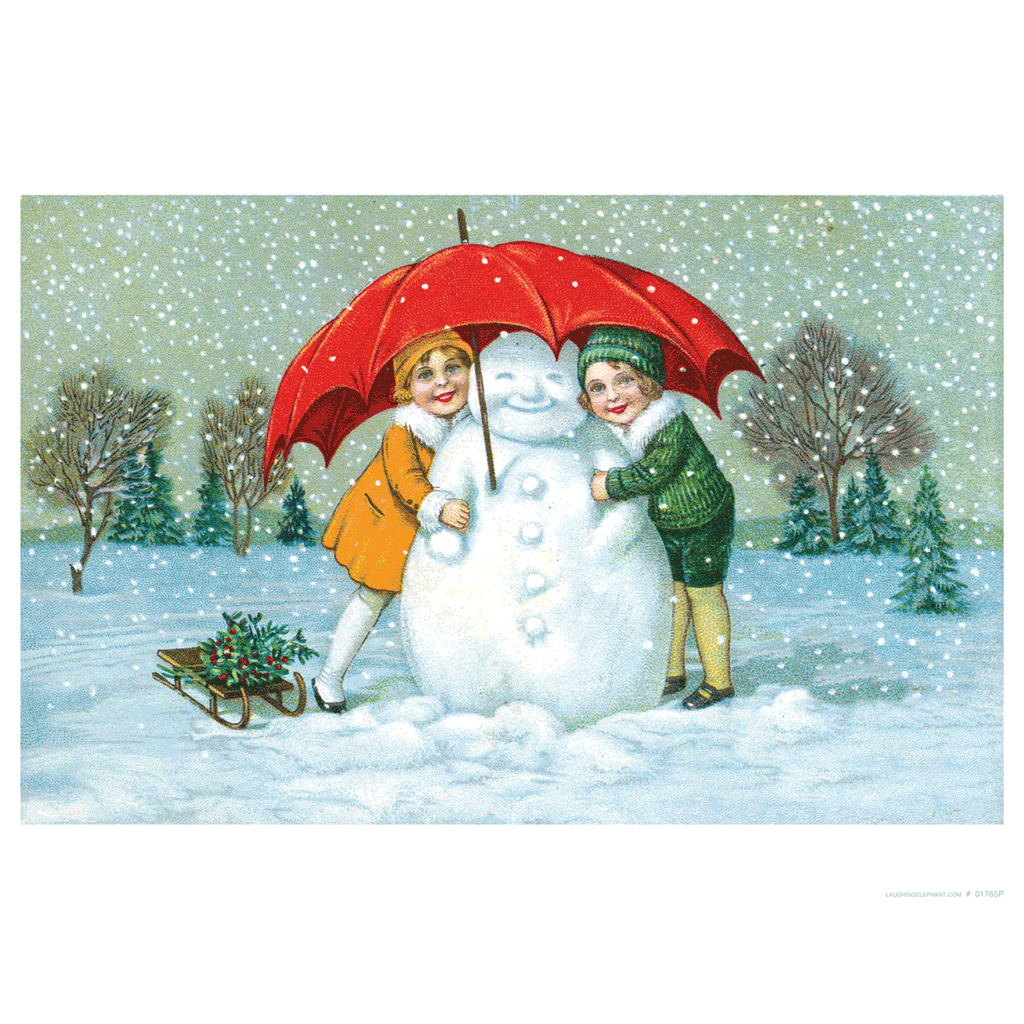 Children With Snowman And Umbrella - Christmas Art Print