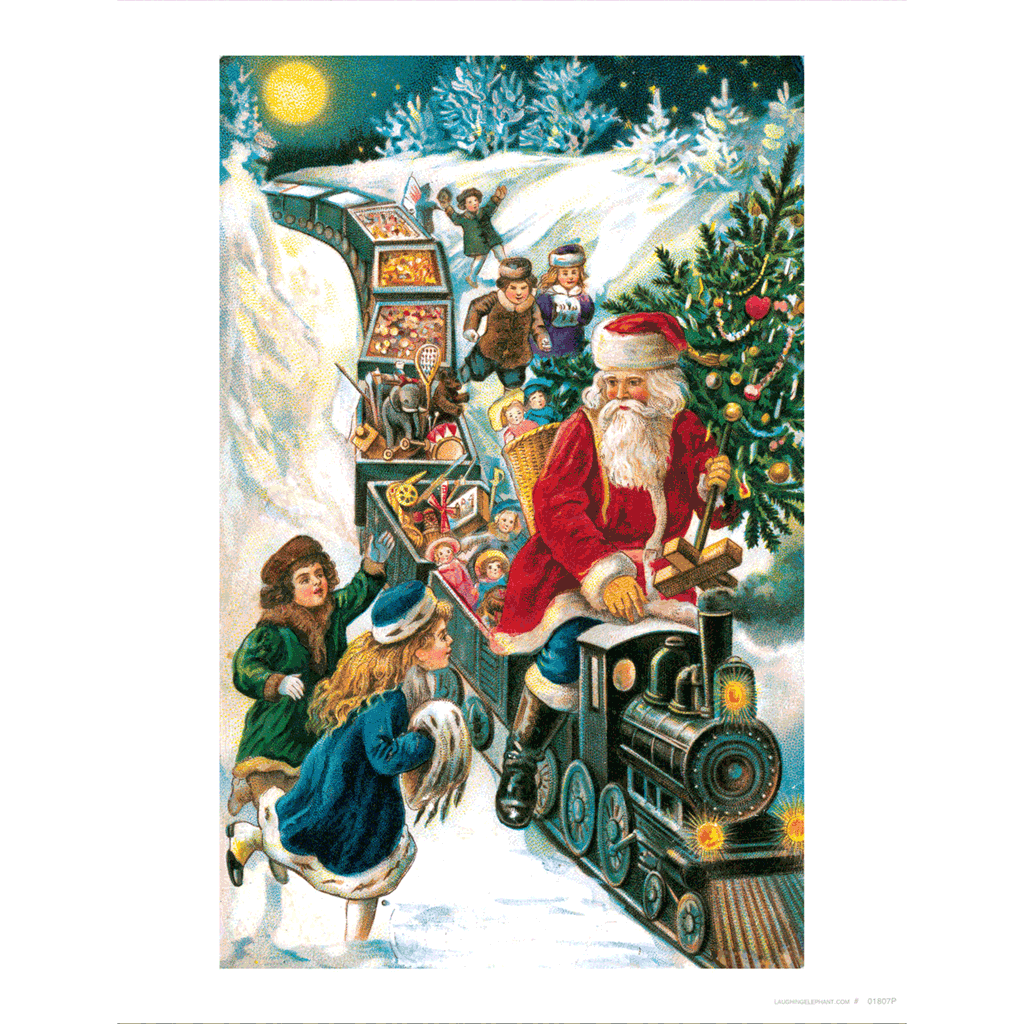 Santa Bringing Toys on a Train - Christmas Art Print