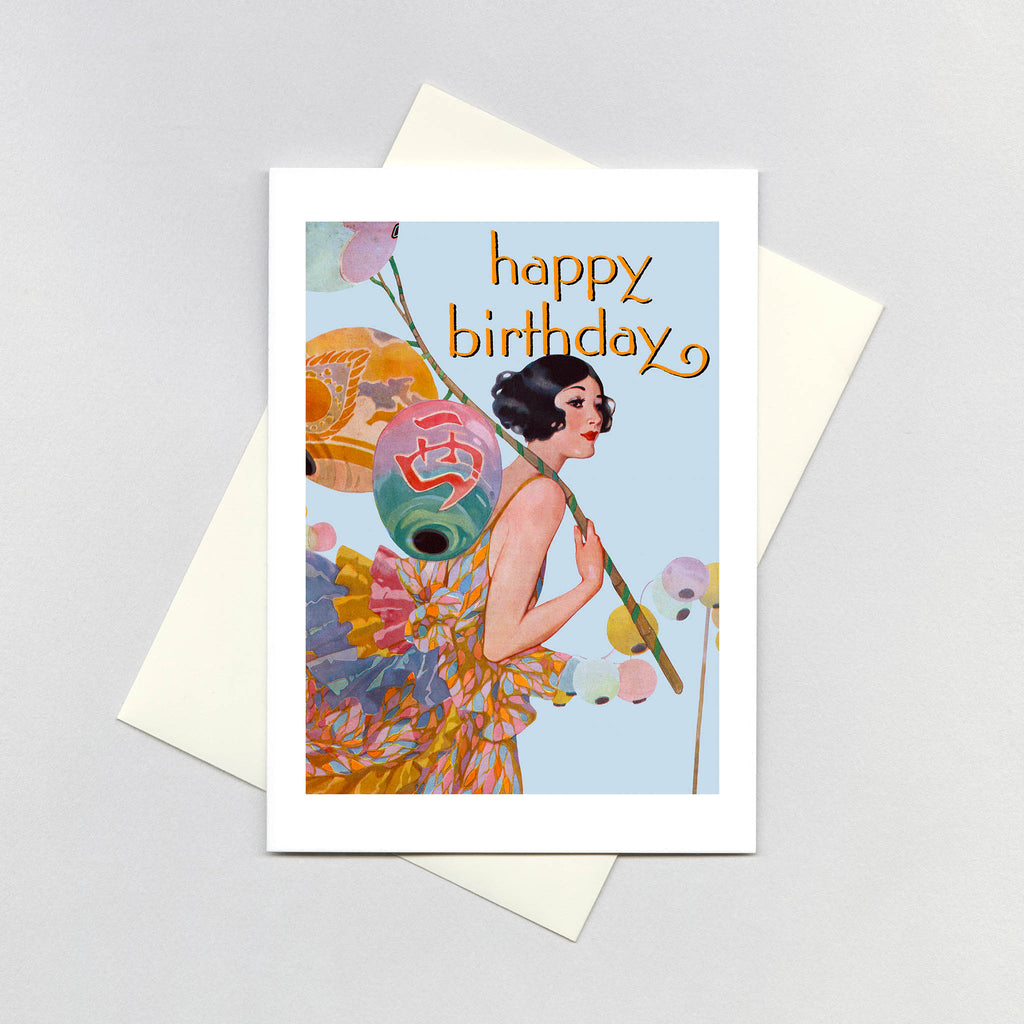 Young Woman & Lanterns - Birthday Greeting Card
