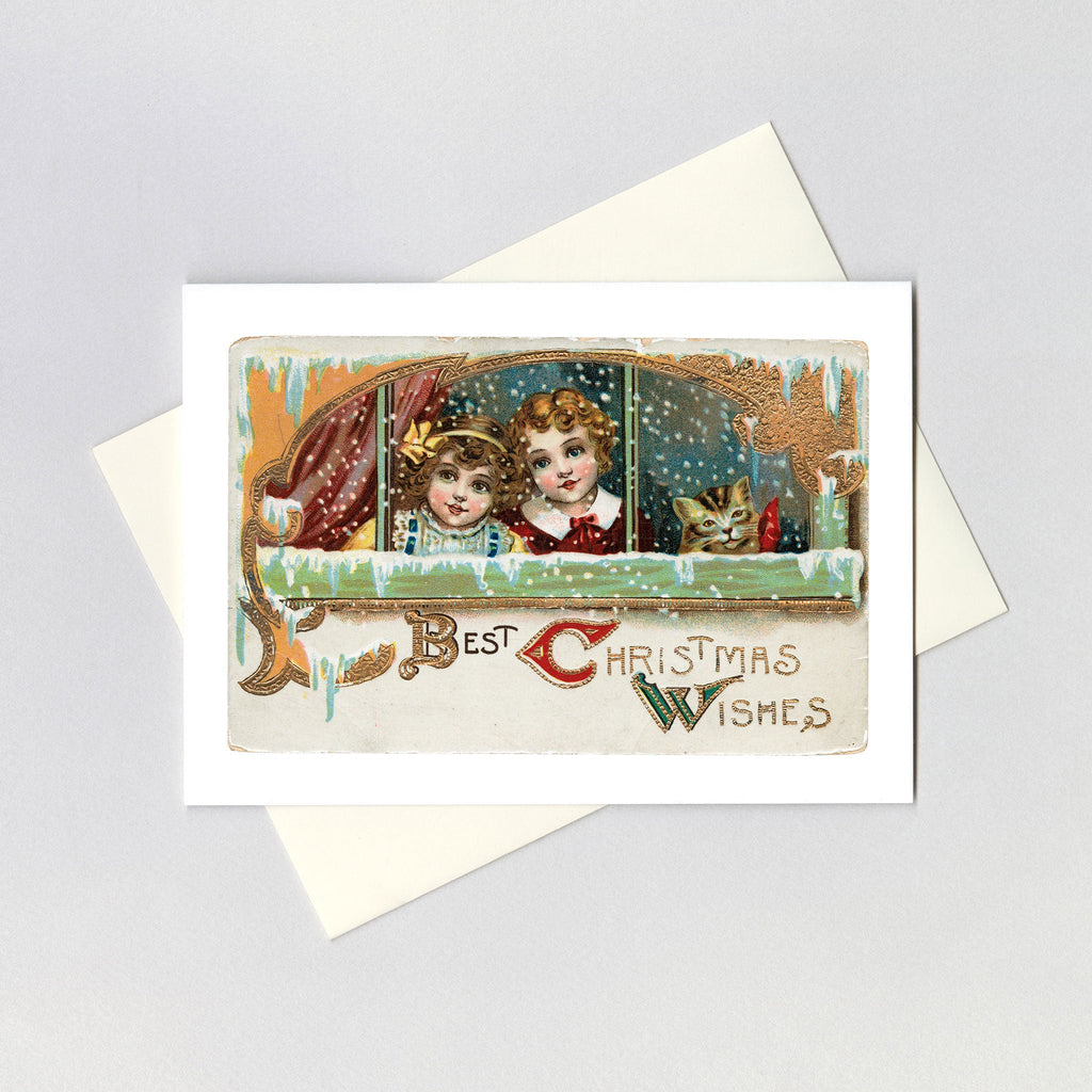 Two Girls and Their Cat at a Snowy Window - Christmas Greeting Card