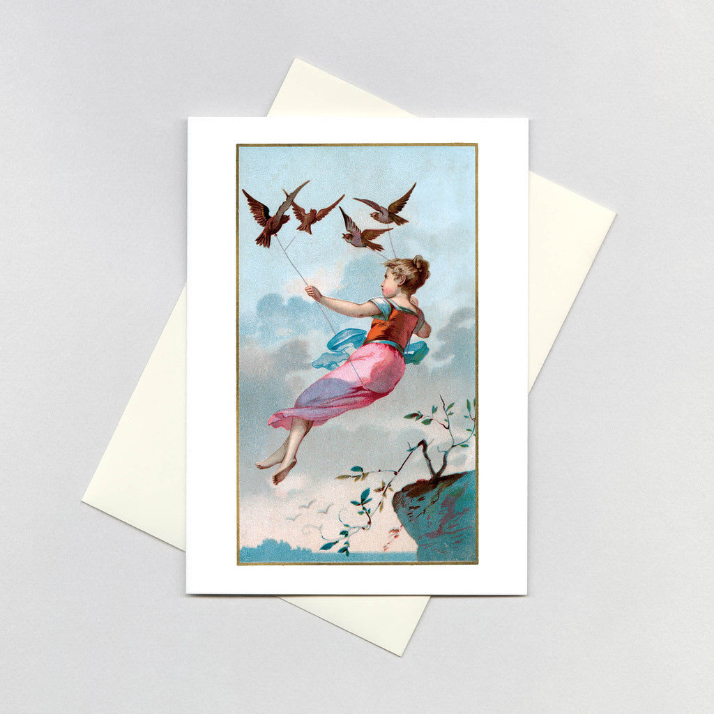 Girl flying held aloft by birds - Encouragement Greeting Card
