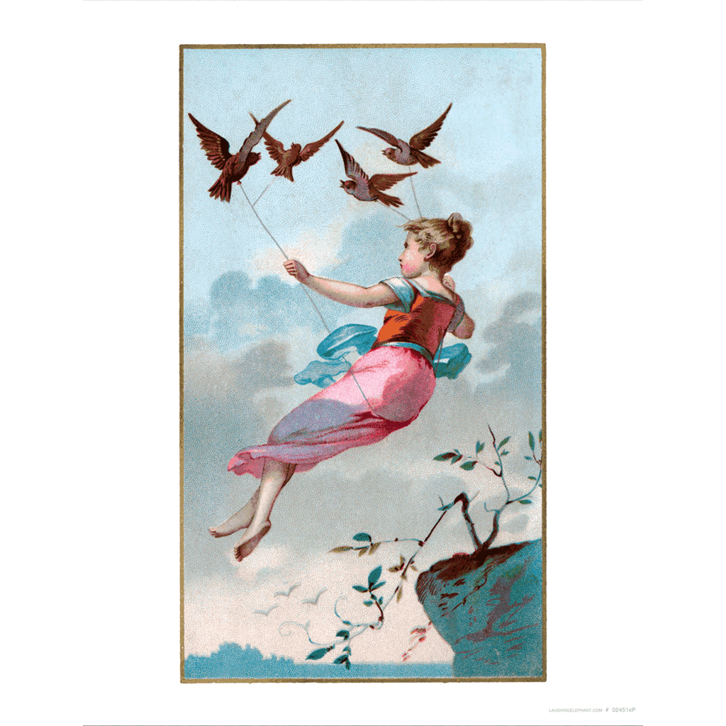 Girl Flying Held Aloft by Birds - Women Art Print