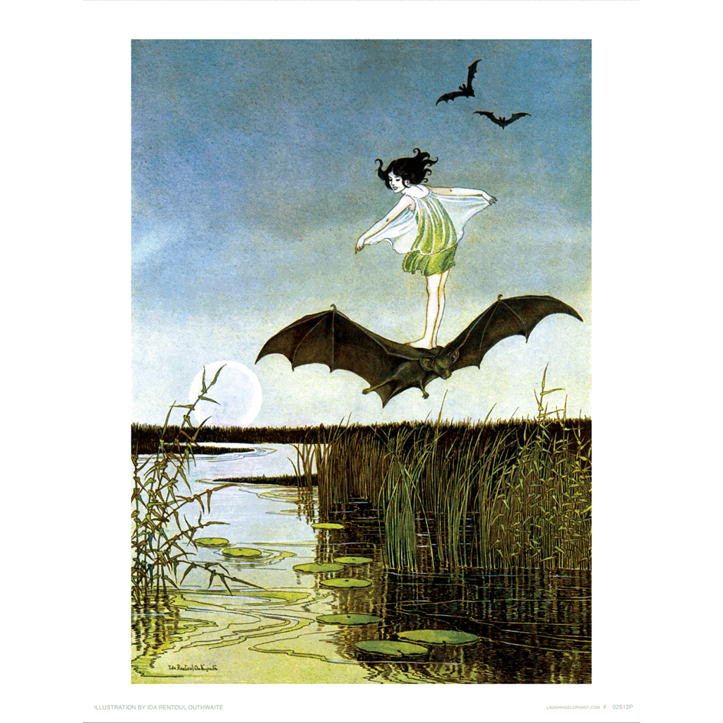 Little Witch Riding Bat - Fairies Art Print
