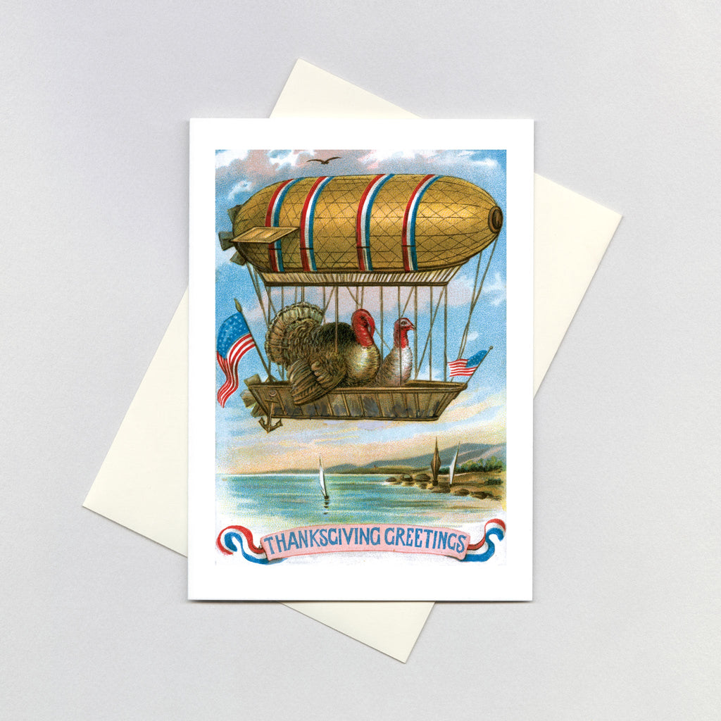 Two Turkeys in a Dirigible - Thanksgiving Greeting Card