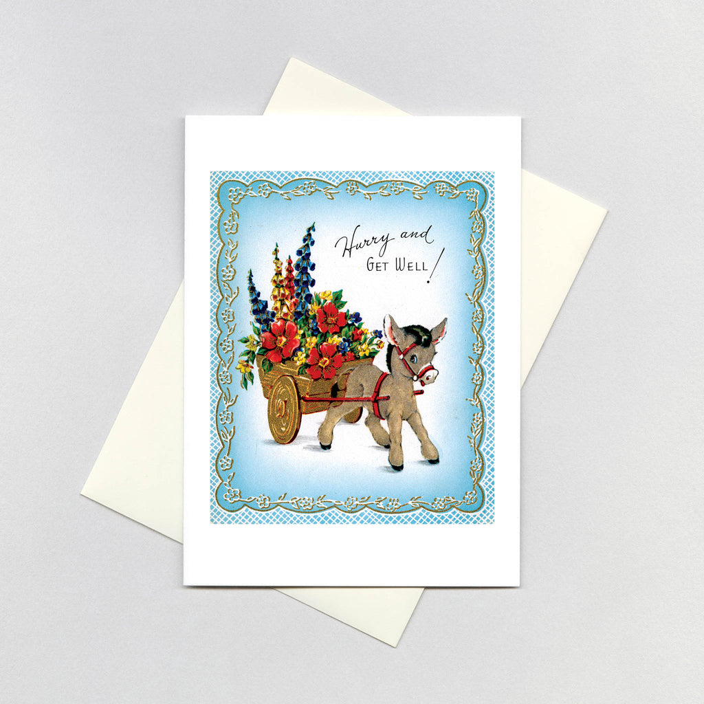 Donkey and Cart of Flowers - Get Well Greeting Card