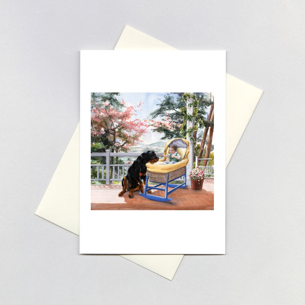 Carl Guarding a Baby in a Cradle - Good Dog Carl Greeting Card