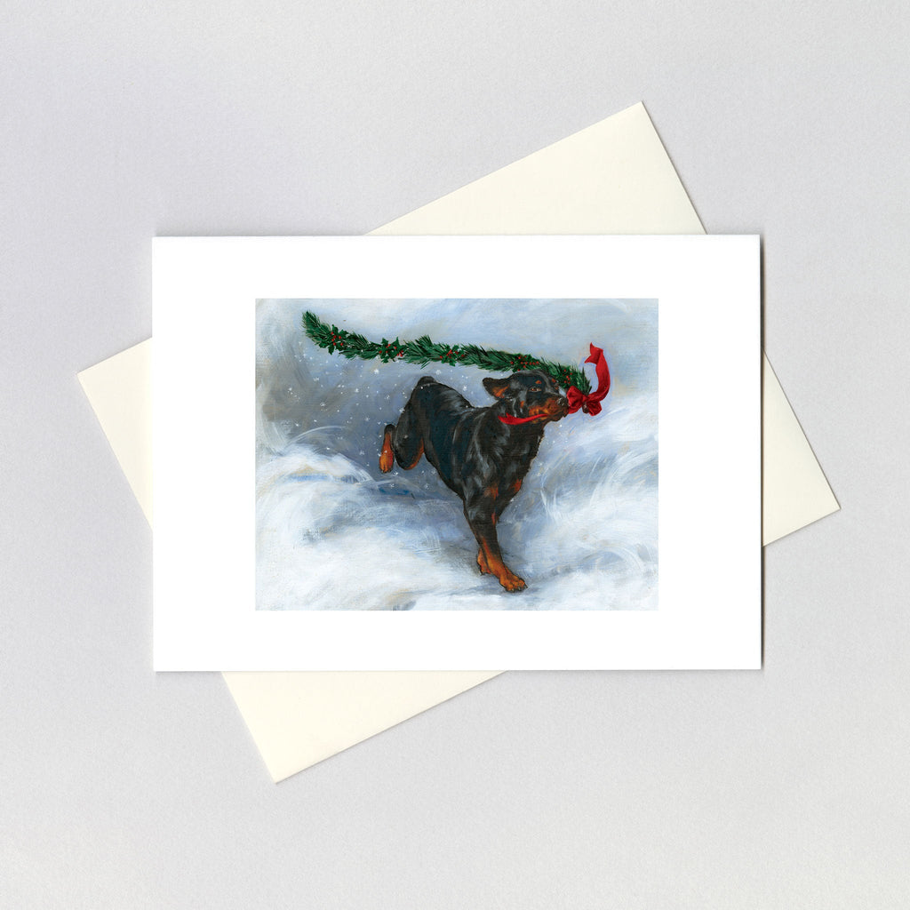 Carl Running with Christmas Greenery - Good Dog Carl Greeting Card