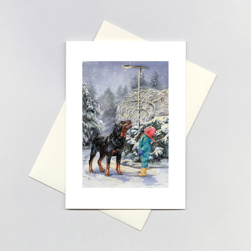 Carl and Madeleine Catching Snowflakes - Good Dog Carl Greeting Card