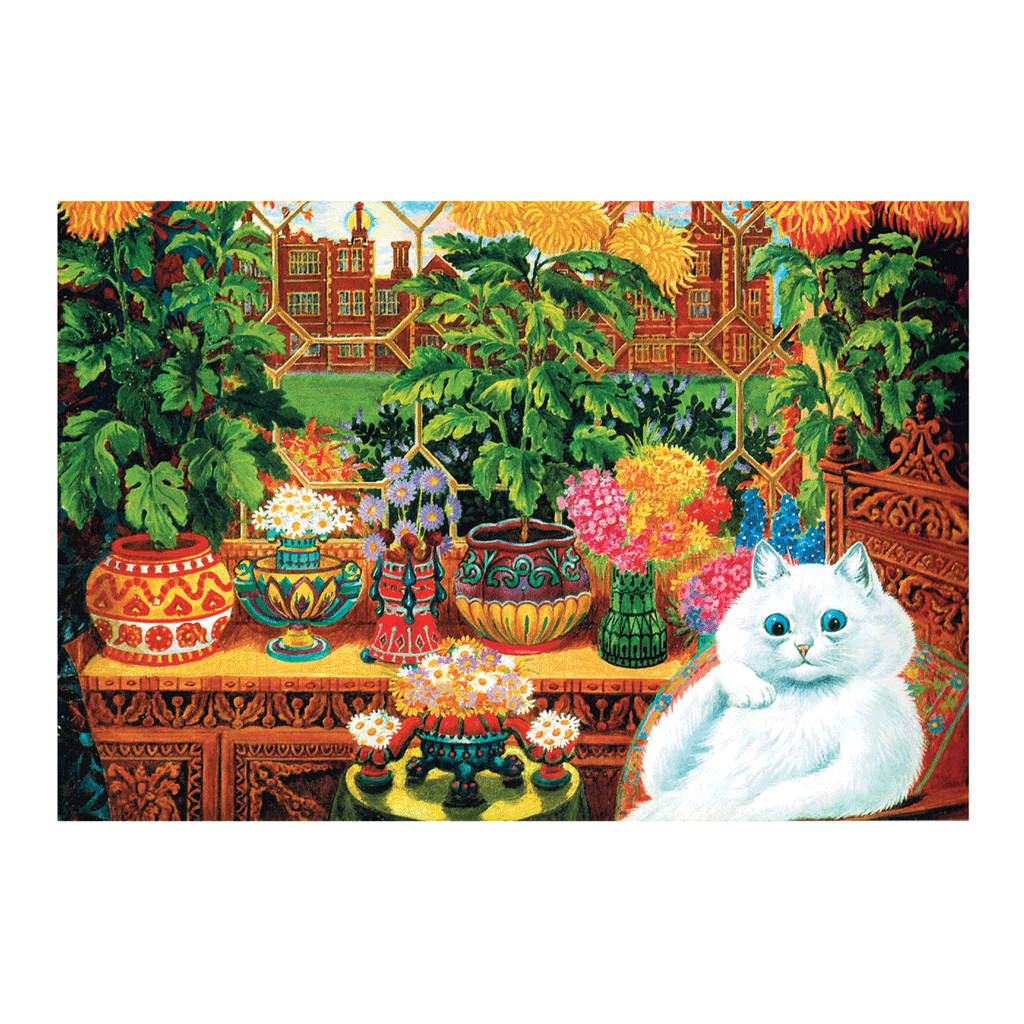 White Cat in a Conservatory - Louis Wain Greeting Card