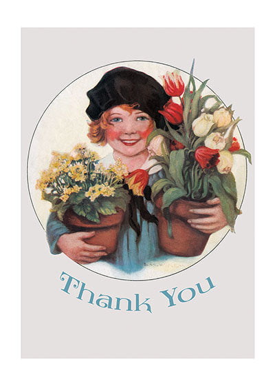 Smiling Girl w/ Pots of Flowers - Thank You Greeting Card