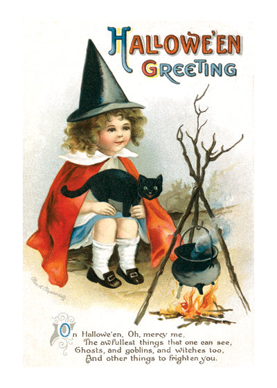 Girl Witch at a Campfire - Halloween Greeting Card