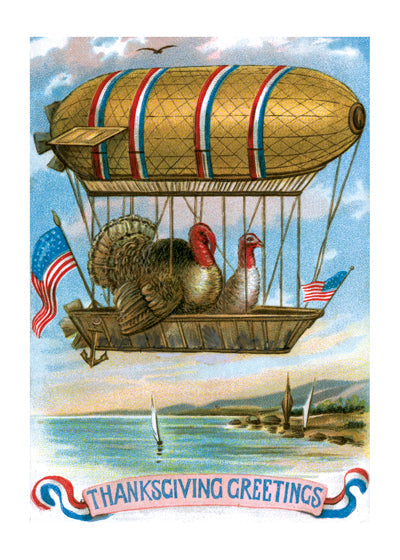 Two Turkeys in a Dirigible - Thanksgiving Greeting Card