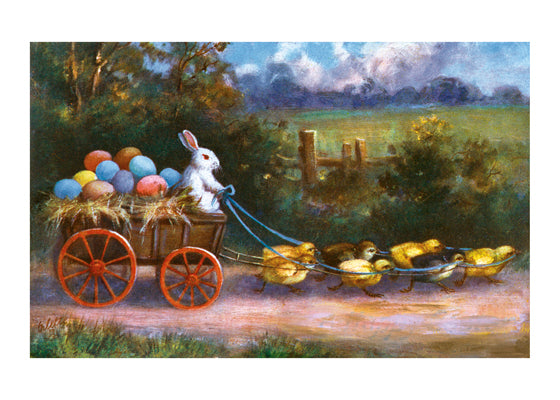 Easter Rabbit Driving Wagon Filled With Eggs - Easter Greeting Card