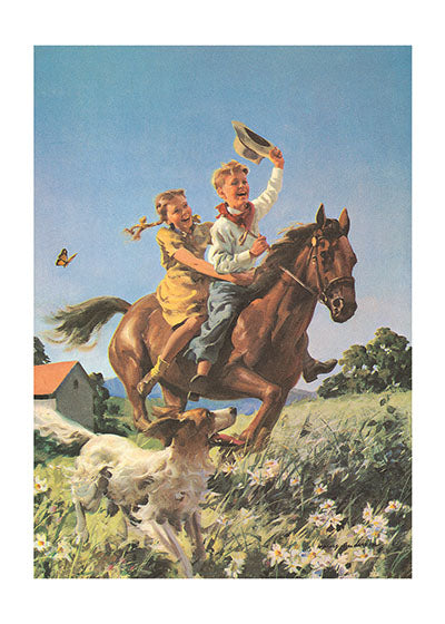 A Boy and A Girl Riding a Horse - Birthday Greeting Card