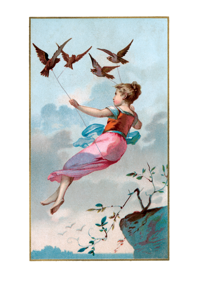 Girl flying held aloft by birds - Encouragement Greeting Card