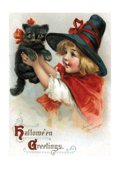 Girl With Black Cat - Halloween Greeting Card
