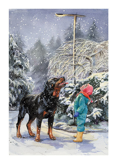 Carl and Madeleine Catching Snowflakes - Good Dog Carl Greeting Card