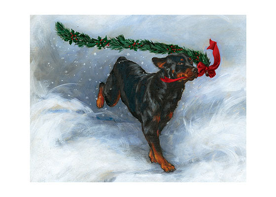 Carl Running with Christmas Greenery - Good Dog Carl Greeting Card