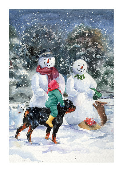 Carl and Madeleine With the Snowmen - Good Dog Carl Greeting Card