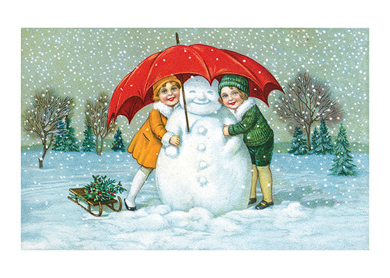 Children With Snowman And Umbrella - Christmas Greeting Card
