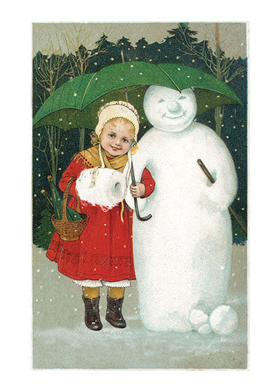 Girl With Snowman and Umbrella - Christmas Greeting Card