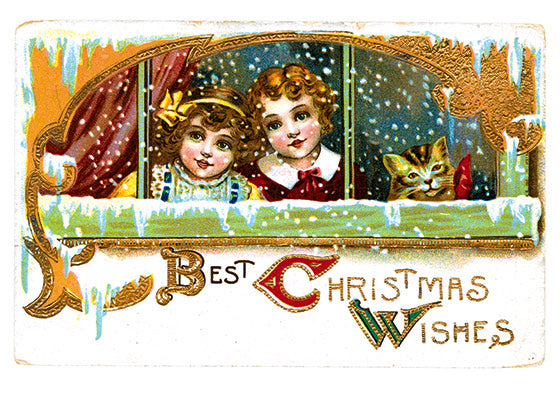 Two Girls and Their Cat at a Snowy Window - Christmas Greeting Card