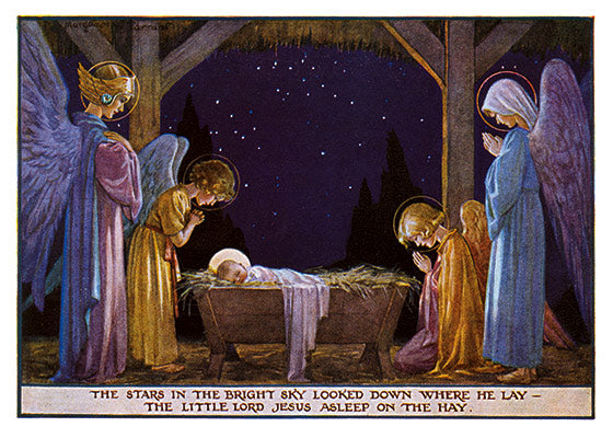 Angels and the Holy Family at the Manger - Christmas Greeting Card